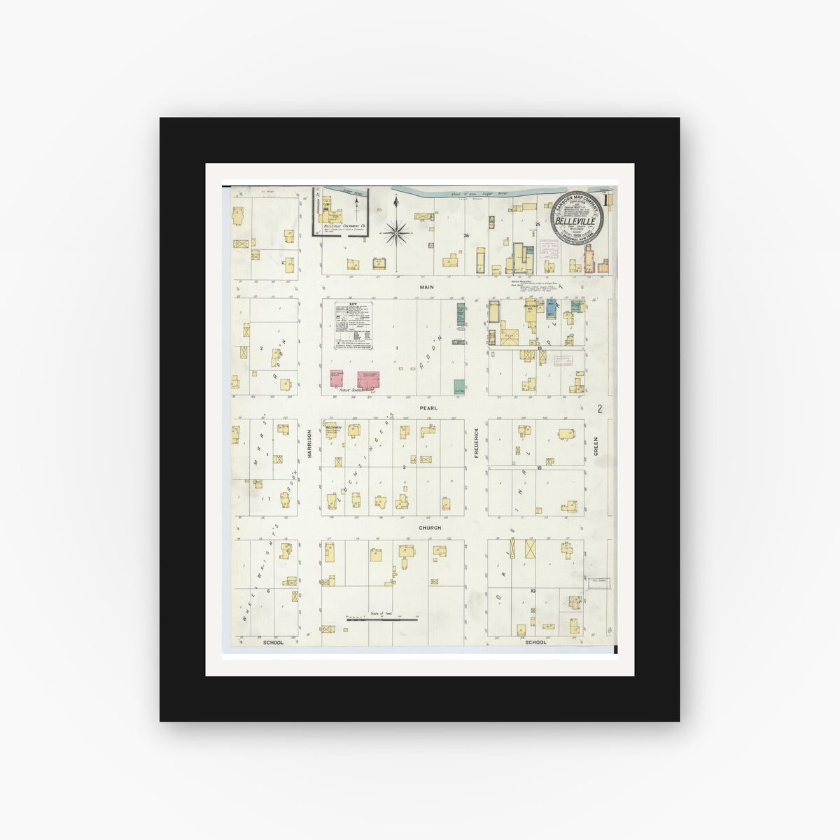 Old map wall art mockup — black gallery frame with white mat — Sanborn Fire Insurance Map from Belleville, Dane County, Wisconsin (1908), Sheet #0001