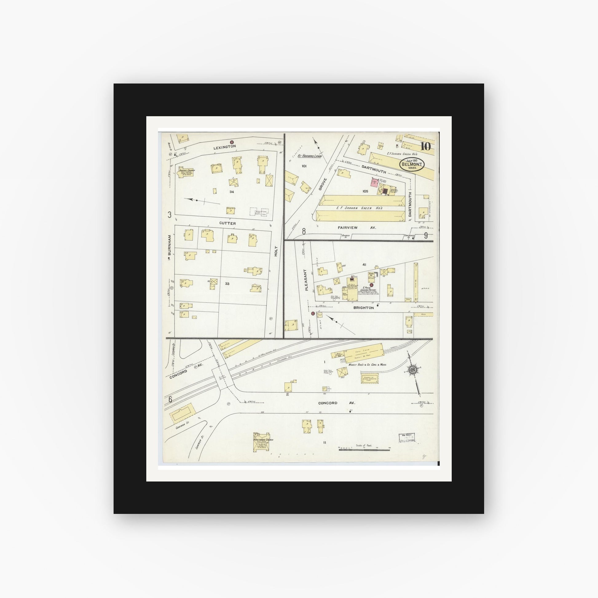 Old map wall art mockup — black gallery frame with white mat — Sanborn Fire Insurance Map from Belmont, Middlesex County, Massachusetts (1910), Sheet #0010