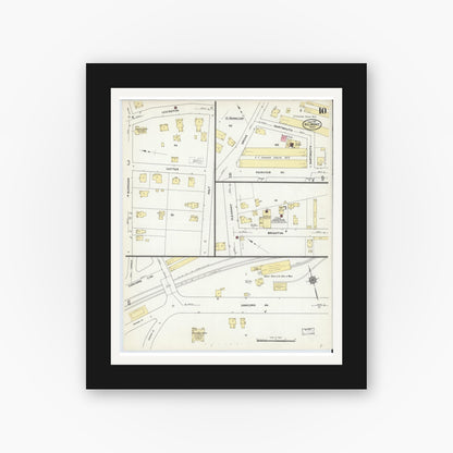 Old map wall art mockup — black gallery frame with white mat — Sanborn Fire Insurance Map from Belmont, Middlesex County, Massachusetts (1910), Sheet #0010