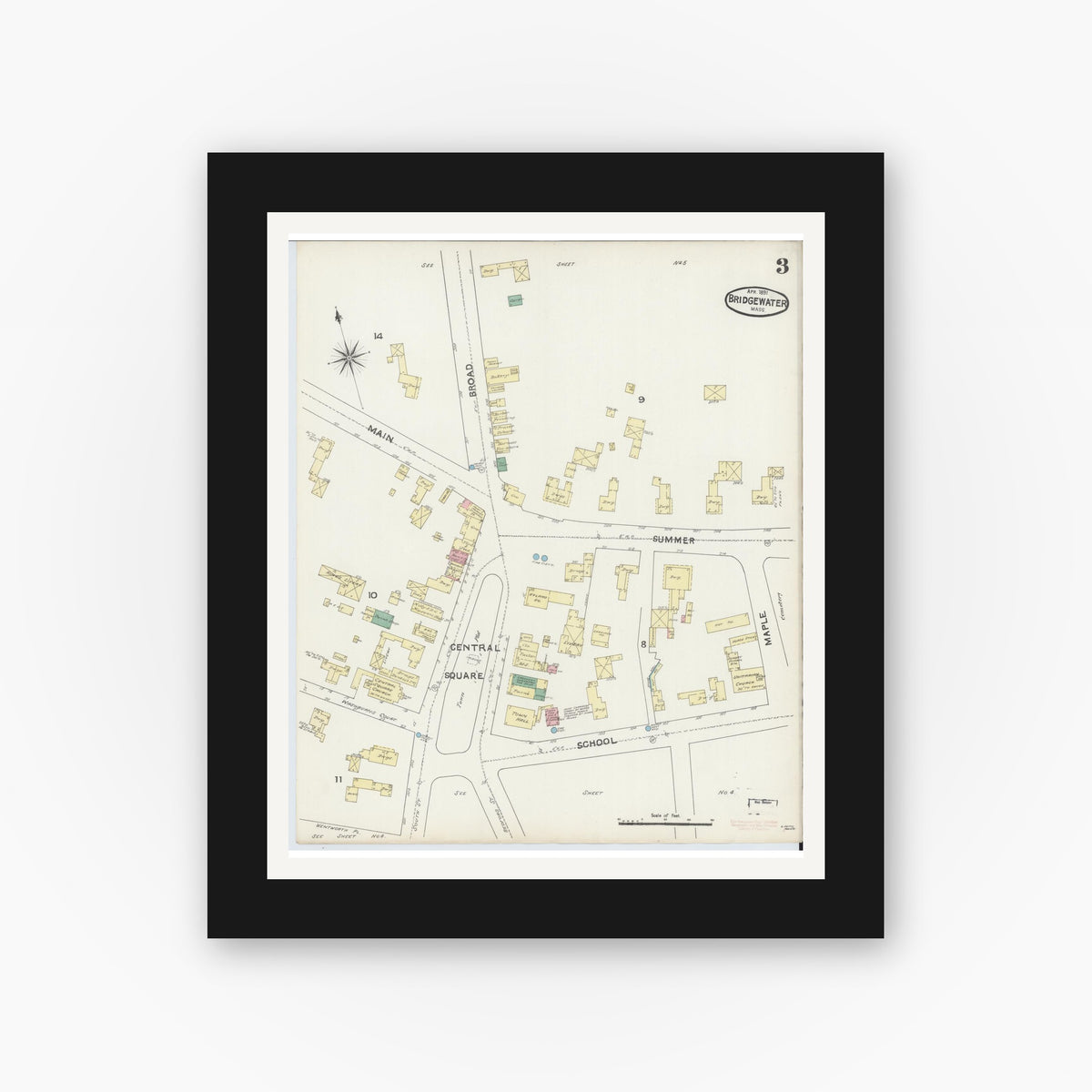 Old map wall art mockup — black gallery frame with white mat — Sanborn Fire Insurance Map from Bridgewater, Plymouth County, Massachusetts (1891), Sheet #0003