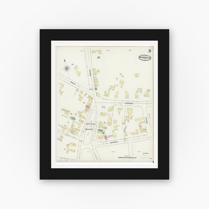 Old map wall art mockup — black gallery frame with white mat — Sanborn Fire Insurance Map from Bridgewater, Plymouth County, Massachusetts (1891), Sheet #0003
