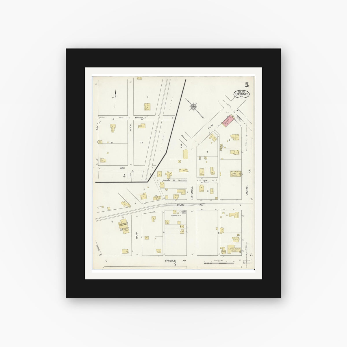 Old map wall art mockup — black gallery frame with white mat — Sanborn Fire Insurance Map from Kissimmee, Osceola County, Florida (1914), Sheet #0005
