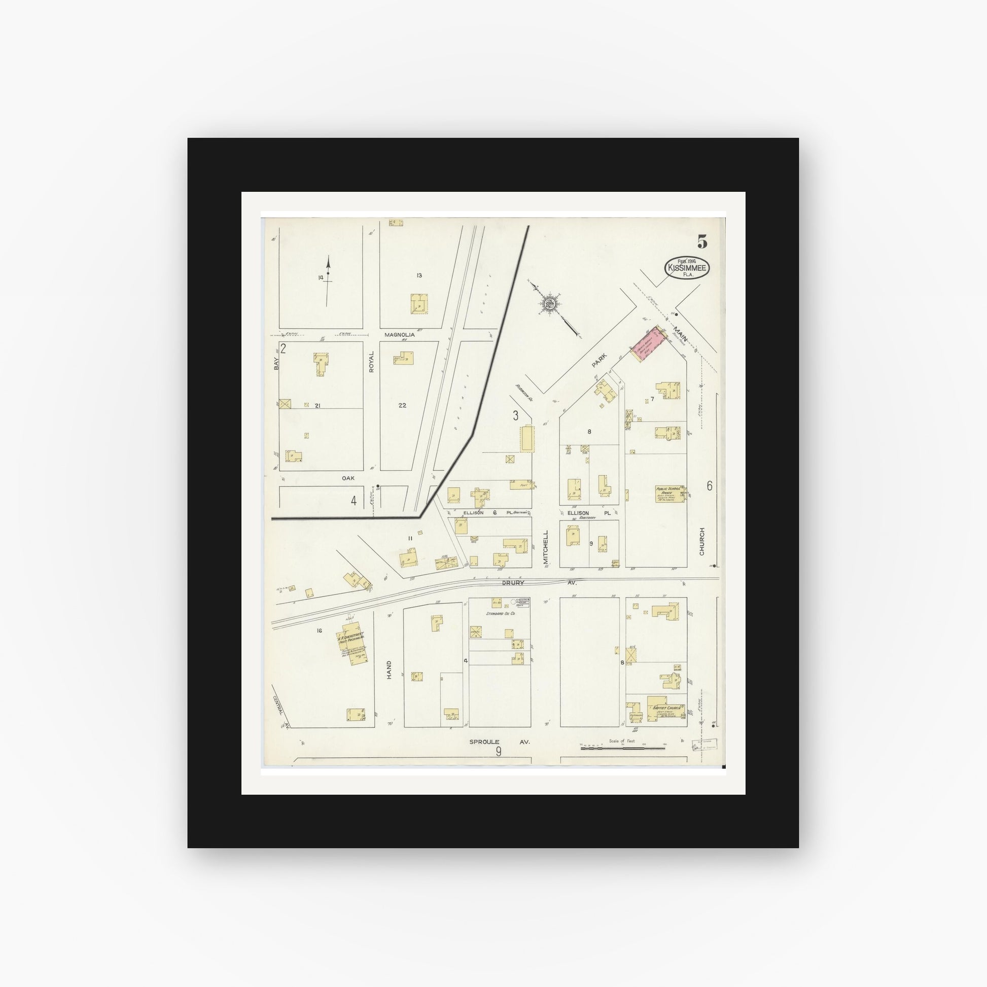 Old map wall art mockup — black gallery frame with white mat — Sanborn Fire Insurance Map from Kissimmee, Osceola County, Florida (1914), Sheet #0005