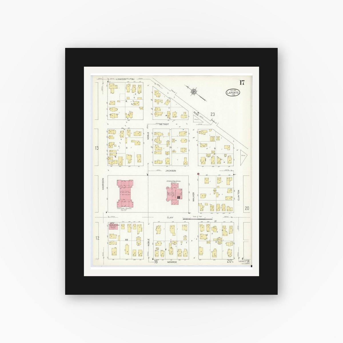 Old map wall art mockup — black gallery frame with white mat — Sanborn Fire Insurance Map from La Porte, La Porte County, Indiana (1912), Sheet #0017