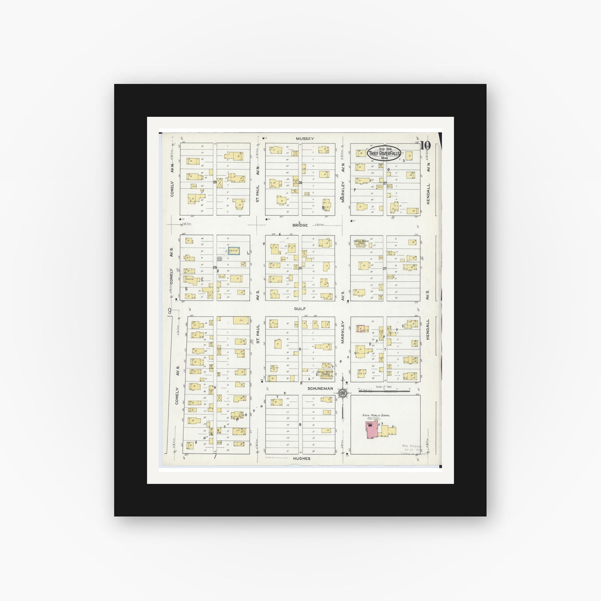 Old map wall art mockup — black gallery frame with white mat — Sanborn Fire Insurance Map from Thief River Falls, Pennington County, Minnesota (1916), Sheet #0010