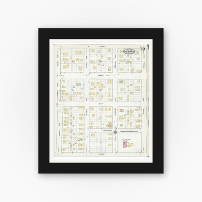 Old map wall art mockup — black gallery frame with white mat — Sanborn Fire Insurance Map from Thief River Falls, Pennington County, Minnesota (1916), Sheet #0010