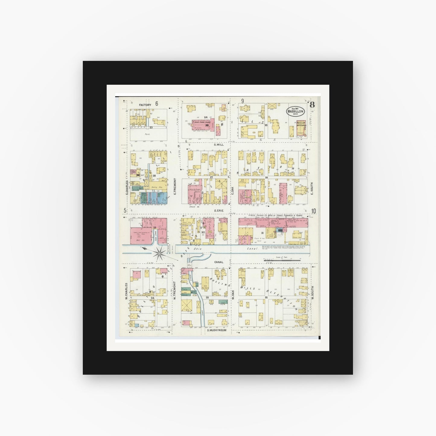 Old map wall art mockup — black gallery frame with white mat — Sanborn Fire Insurance Map from Massillon, Stark County, Ohio (1901), Sheet #0008