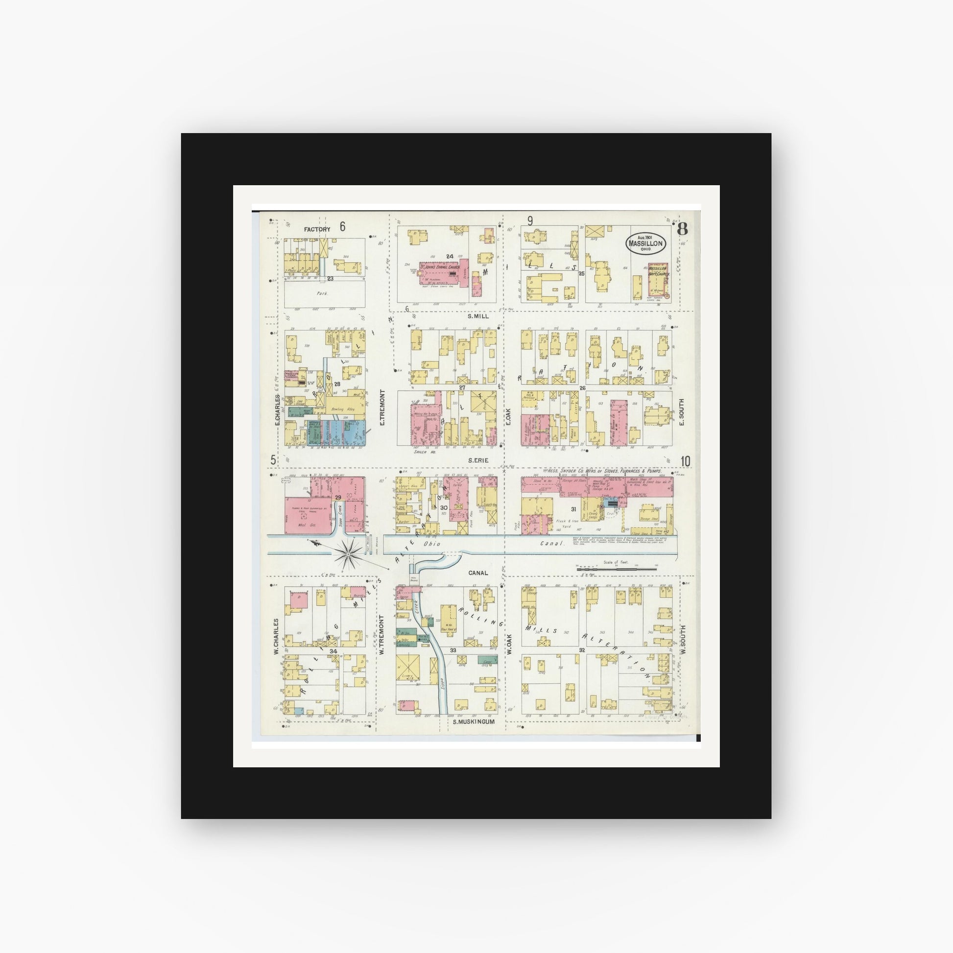 Old map wall art mockup — black gallery frame with white mat — Sanborn Fire Insurance Map from Massillon, Stark County, Ohio (1901), Sheet #0008
