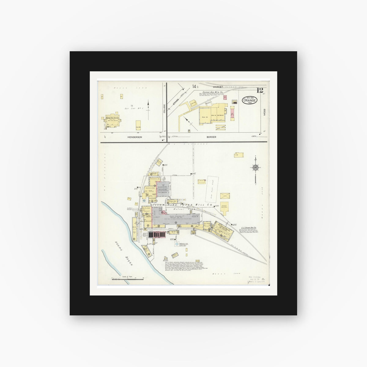 Old map wall art mockup — black gallery frame with white mat — Sanborn Fire Insurance Map from Orange, Orange County, Texas (1914), Sheet #0012
