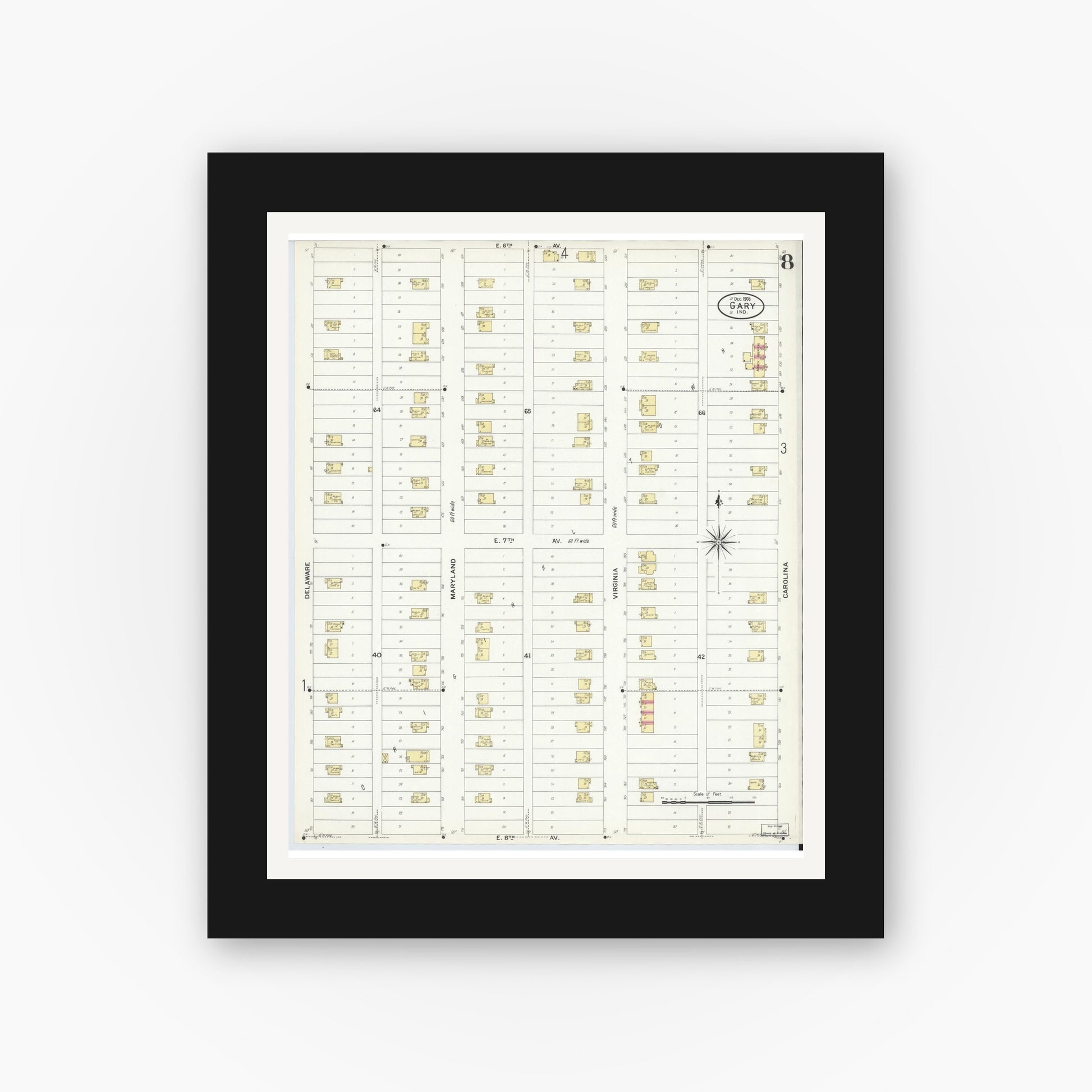 Old map wall art mockup — black gallery frame with white mat — Sanborn Fire Insurance Map from Gary, Lake County, Indiana (1908), Sheet #0008