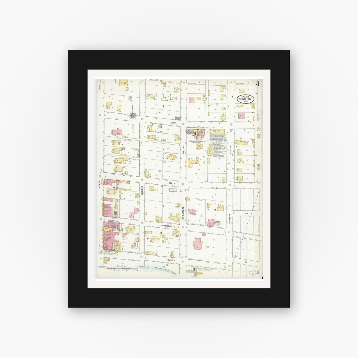 Old map wall art mockup — black gallery frame with white mat — Sanborn Fire Insurance Map from Newburgh, Warrick County, Indiana (1910), Sheet #0004