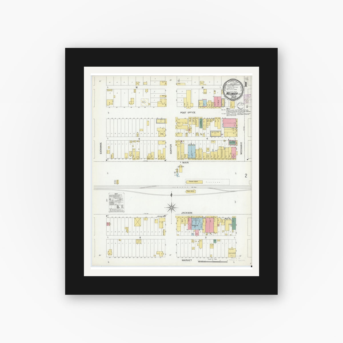Old map wall art mockup — black gallery frame with white mat — Sanborn Fire Insurance Map from Weimar, Colorado County, Texas (1901) - Complete Map Set