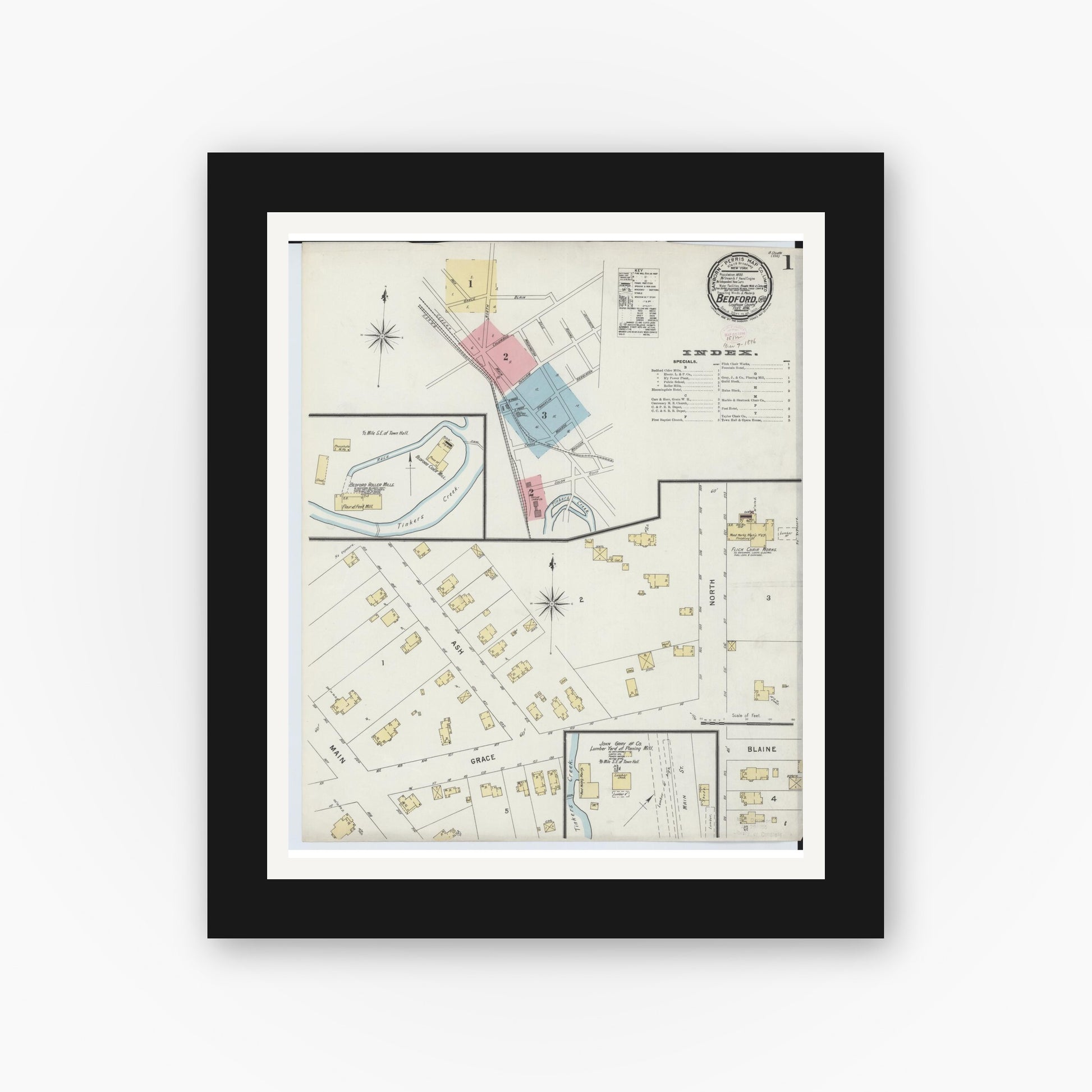 Old map wall art mockup — black gallery frame with white mat — Sanborn Fire Insurance Map from Bedford, Cuyahoga County, Ohio (1896), Sheet #0001