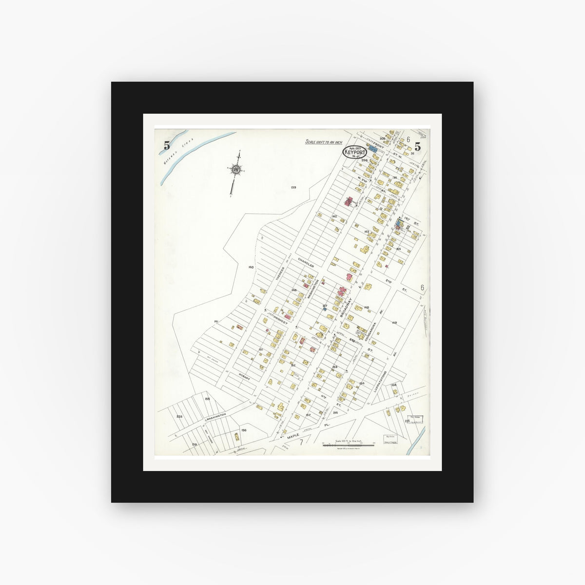 Old map wall art mockup — black gallery frame with white mat — Sanborn Fire Insurance Map from Keyport, Monmouth County, New Jersey (1923), Sheet #0005