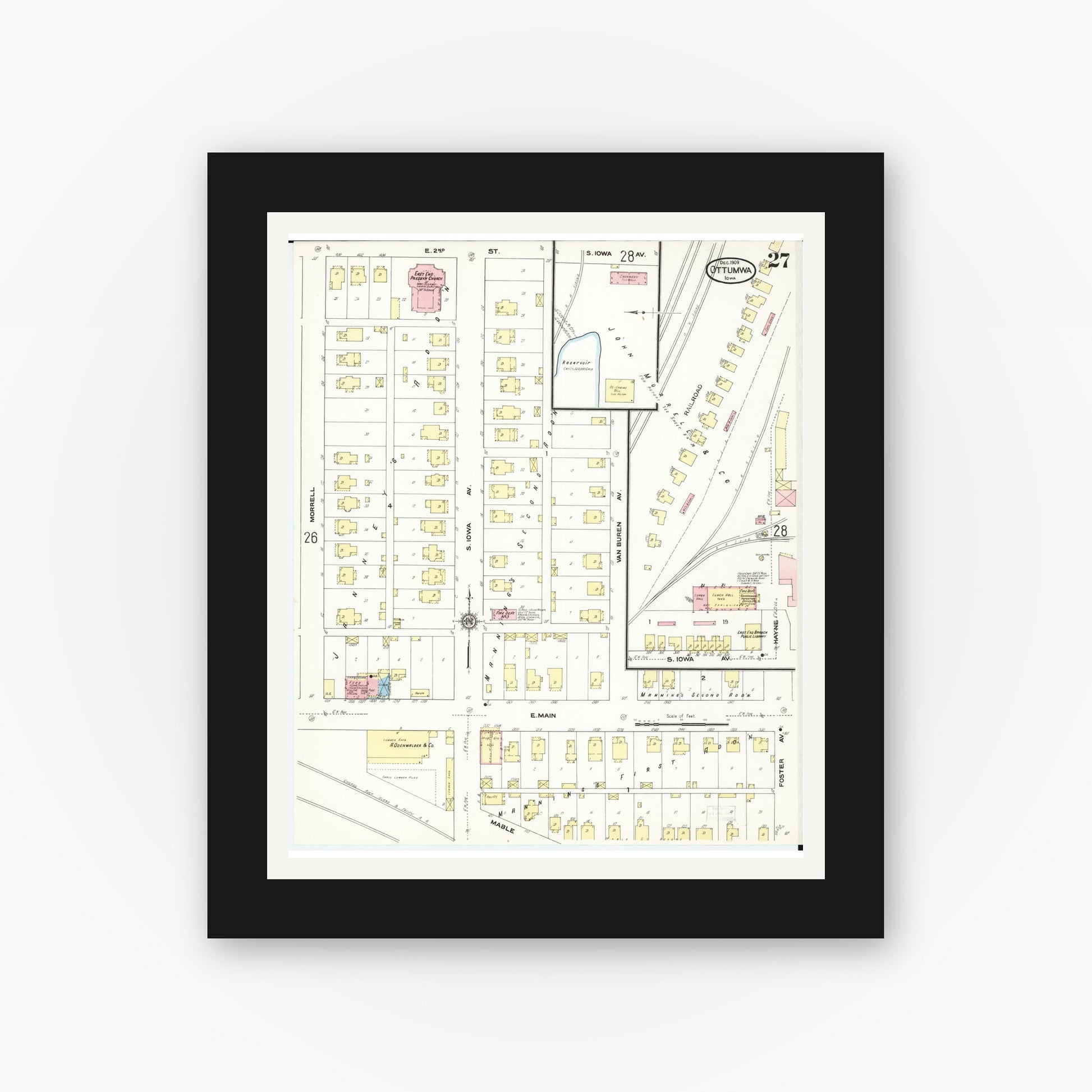 Old map wall art mockup — black gallery frame with white mat — Sanborn Fire Insurance Map from Ottumwa, Wapello County, Iowa (1909), Sheet #0027