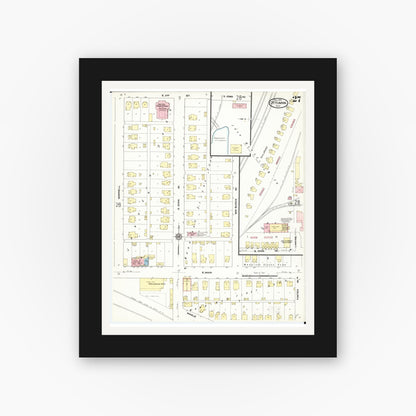 Old map wall art mockup — black gallery frame with white mat — Sanborn Fire Insurance Map from Ottumwa, Wapello County, Iowa (1909), Sheet #0027