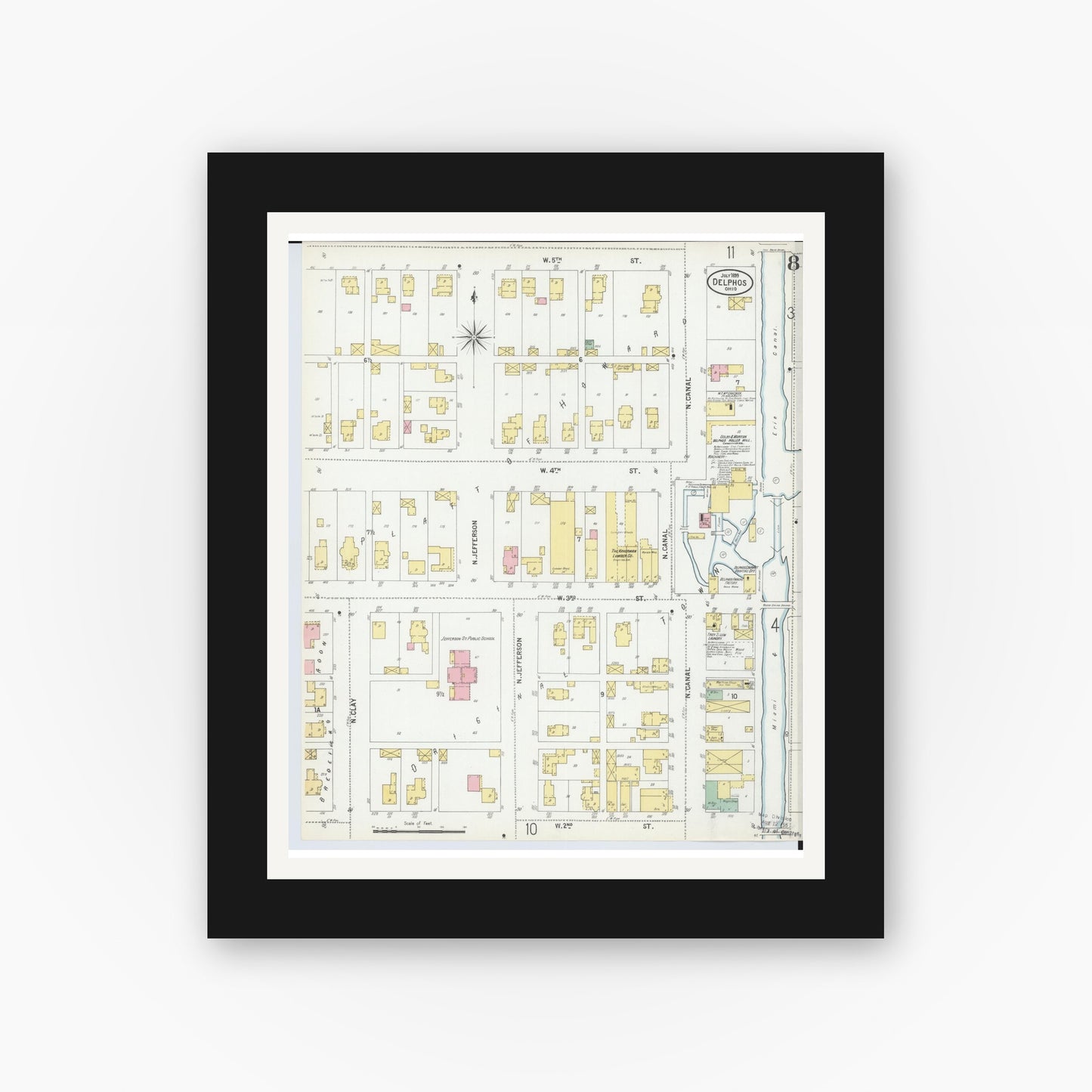 Old map wall art mockup — black gallery frame with white mat — Sanborn Fire Insurance Map from Delphos, Van Wert And Allen Counties, Ohio (1899), Sheet #0008