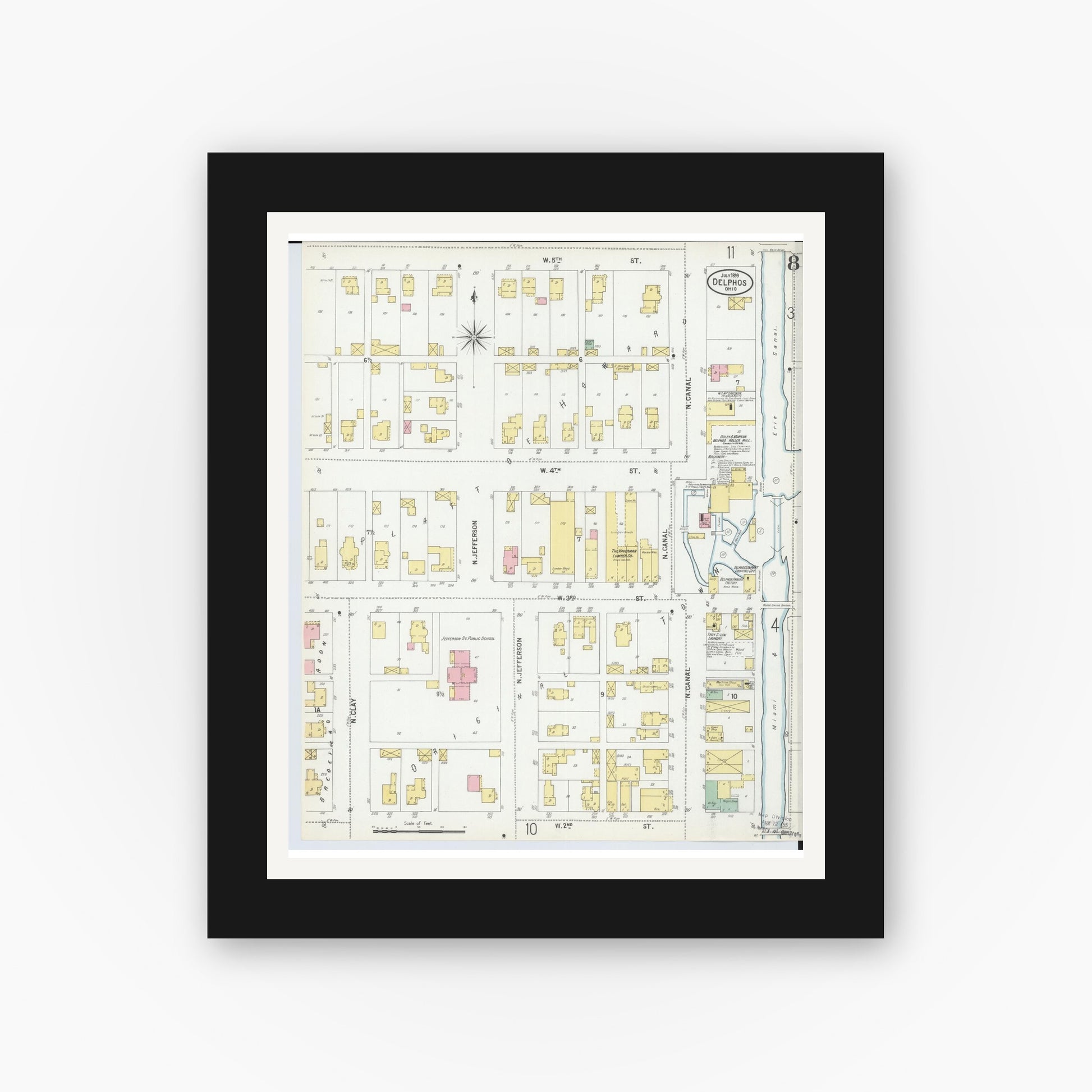 Old map wall art mockup — black gallery frame with white mat — Sanborn Fire Insurance Map from Delphos, Van Wert And Allen Counties, Ohio (1899), Sheet #0008