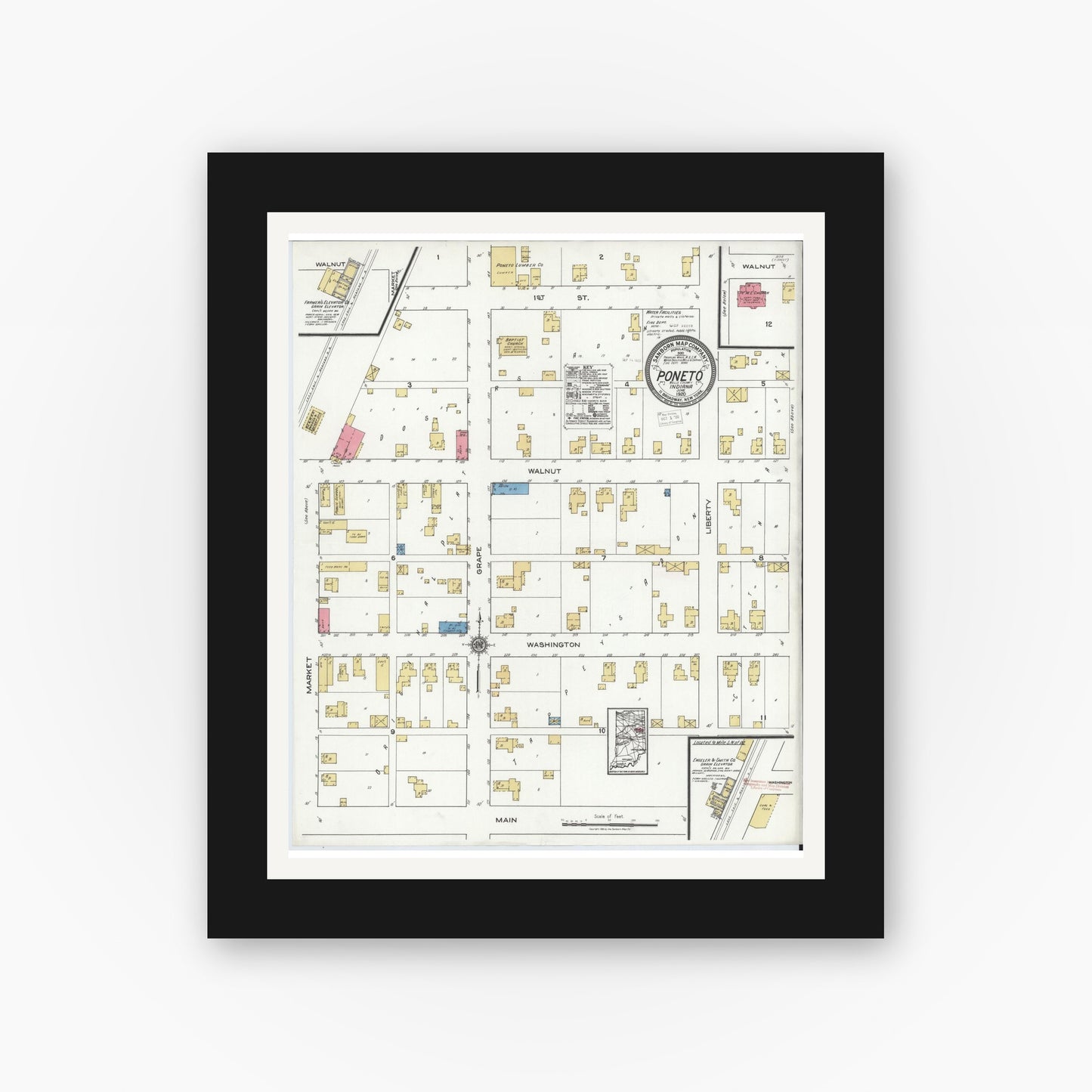 Old map wall art mockup — black gallery frame with white mat — Sanborn Fire Insurance Map from Poneto, Wells County, Indiana (1920), Sheet #0001