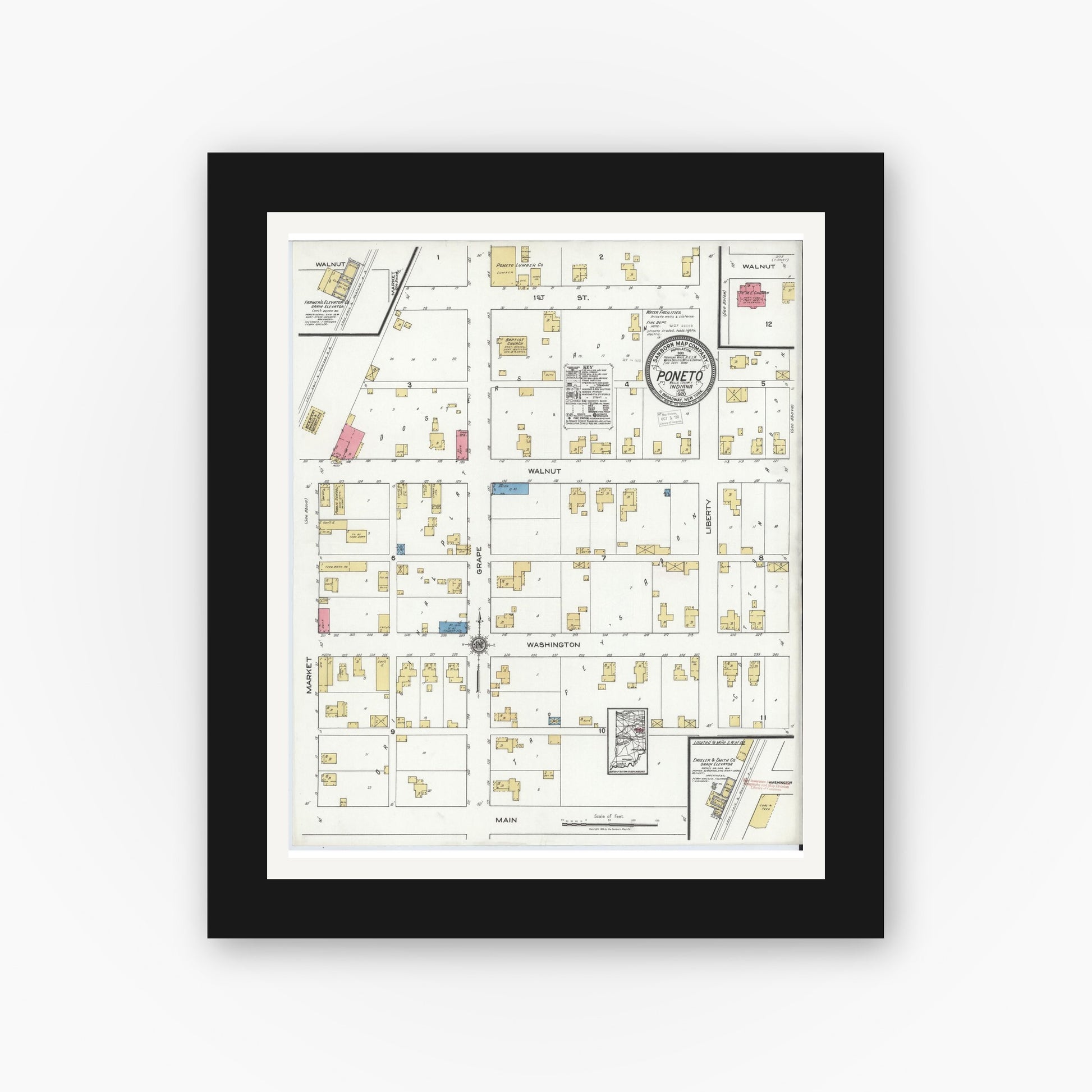 Old map wall art mockup — black gallery frame with white mat — Sanborn Fire Insurance Map from Poneto, Wells County, Indiana (1920), Sheet #0001