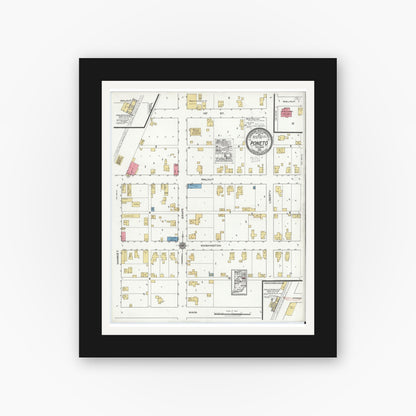 Old map wall art mockup — black gallery frame with white mat — Sanborn Fire Insurance Map from Poneto, Wells County, Indiana (1920), Sheet #0001
