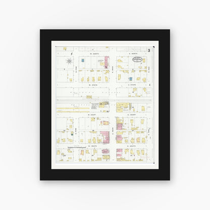 Old map wall art mockup — black gallery frame with white mat — Sanborn Fire Insurance Map from Fairmount, Vermilion County, Illinois (1909), Sheet #0003