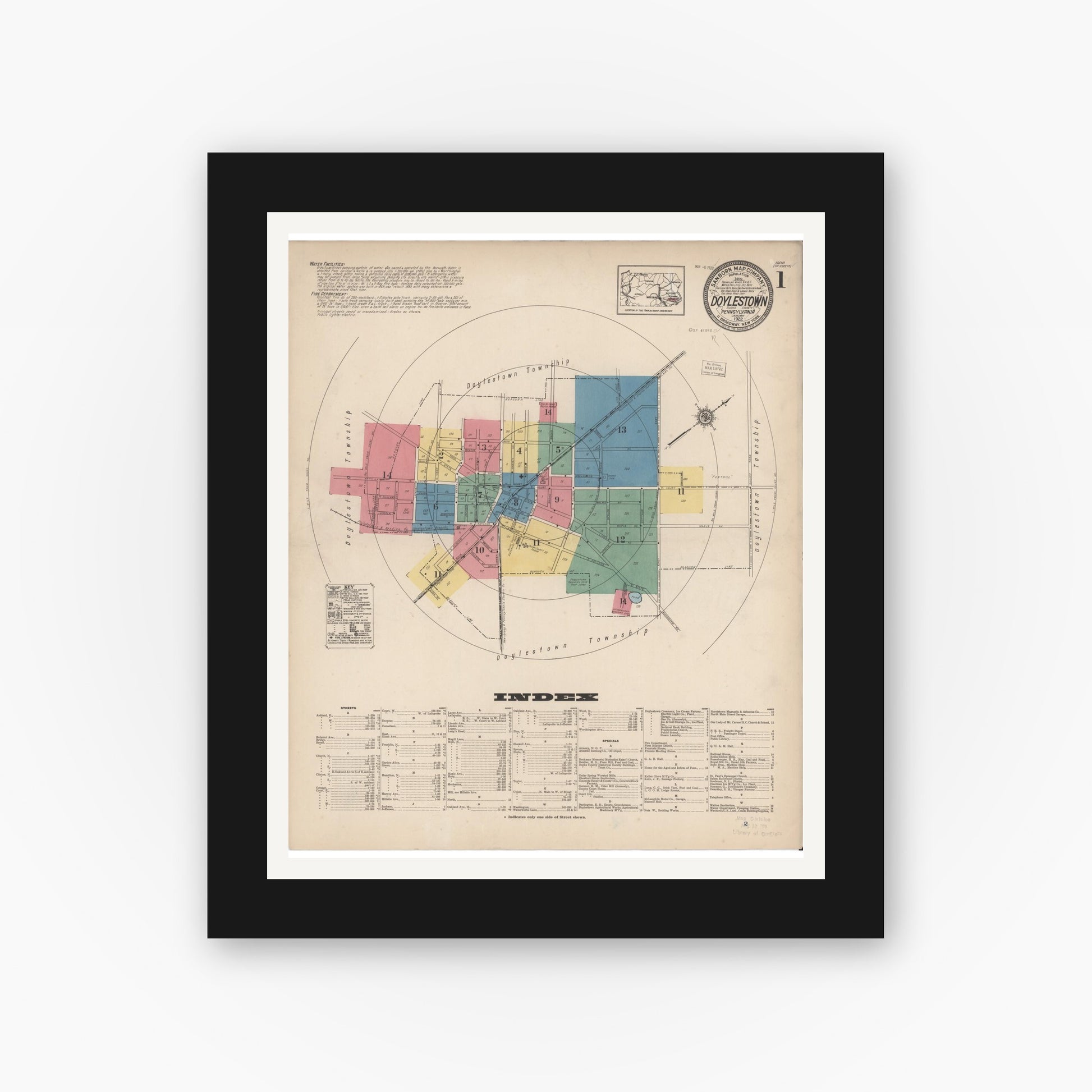 Old map wall art mockup — black gallery frame with white mat — Sanborn Fire Insurance Map from Doylestown, Bucks County, Pennsylvania (1922) - Complete Map Set