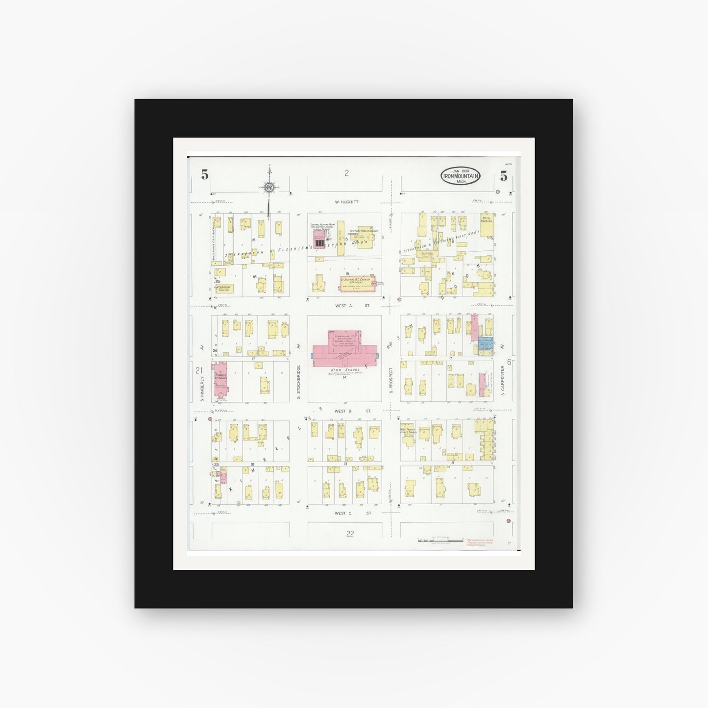Old map wall art mockup — black gallery frame with white mat — Sanborn Fire Insurance Map from Iron Mountain, Dickinson County, Michigan (1930), Sheet #0005