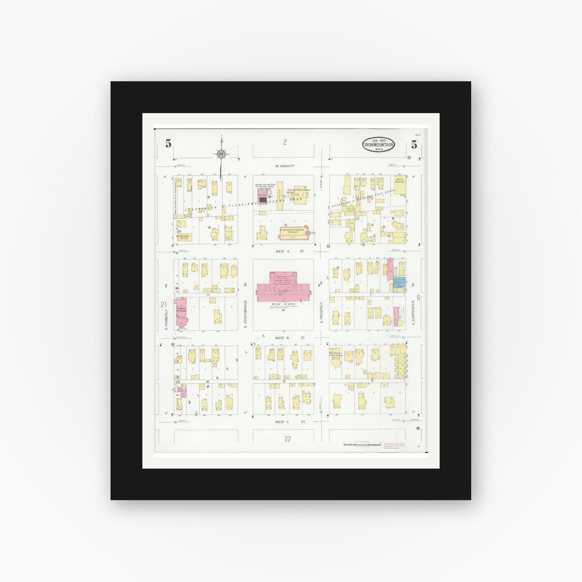 Old map wall art mockup — black gallery frame with white mat — Sanborn Fire Insurance Map from Iron Mountain, Dickinson County, Michigan (1930), Sheet #0005