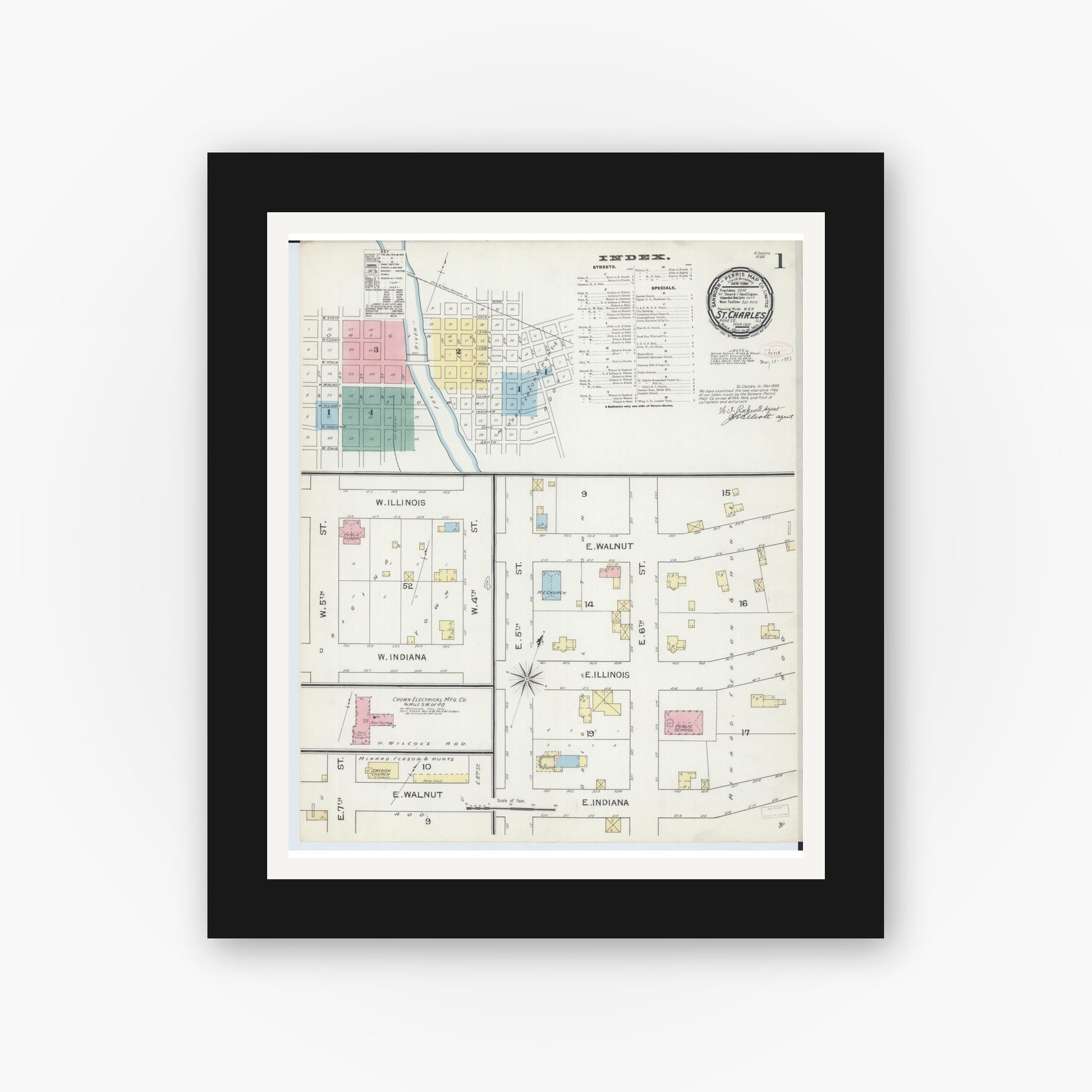 Old map wall art mockup — black gallery frame with white mat — Sanborn Fire Insurance Map from Saint Charles, Kane County, Illinois (1893) - Complete Map Set