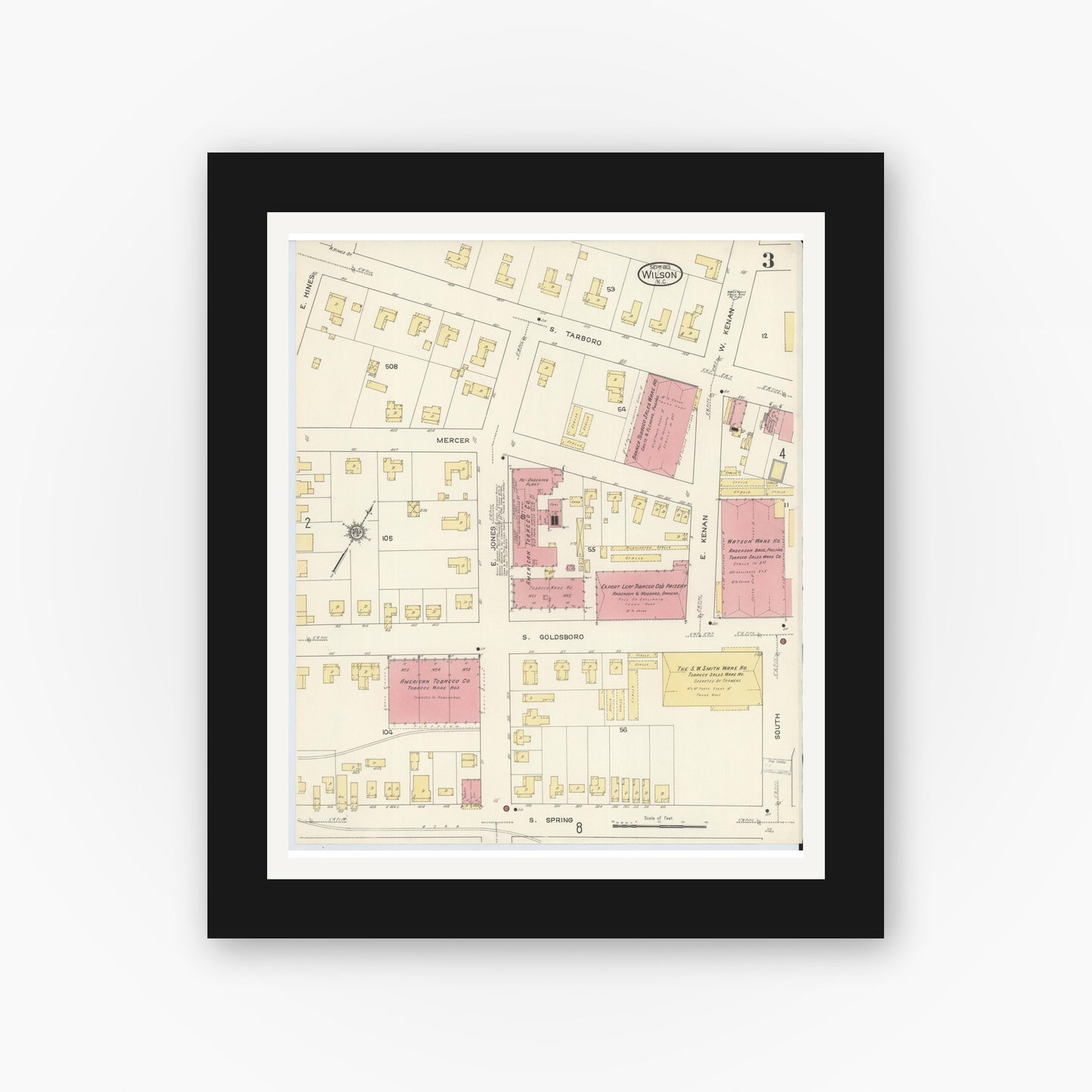 Old map wall art mockup — black gallery frame with white mat — Sanborn Fire Insurance Map from Wilson, Wilson County, North Carolina (1913), Sheet #0003