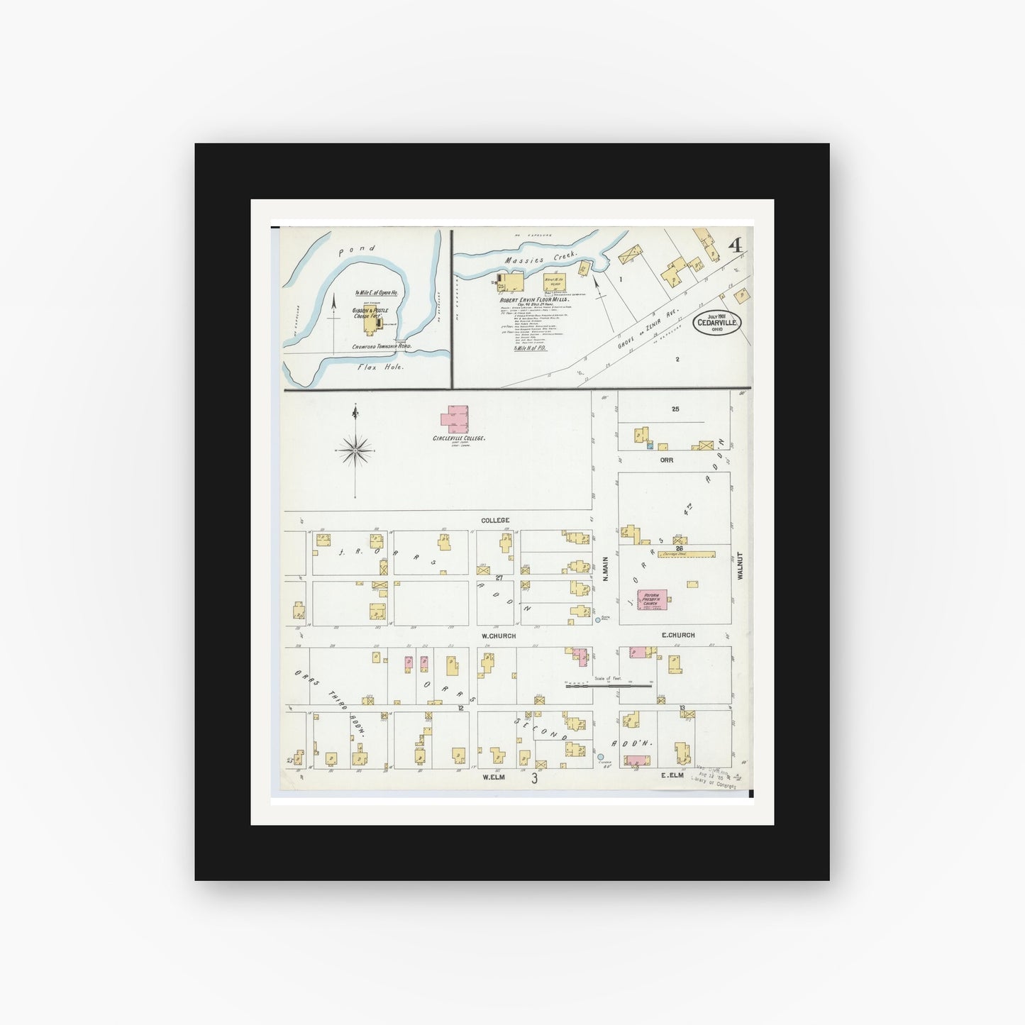 Old map wall art mockup — black gallery frame with white mat — Sanborn Fire Insurance Map from Cedarville, Greene County, Ohio (1901), Sheet #0004