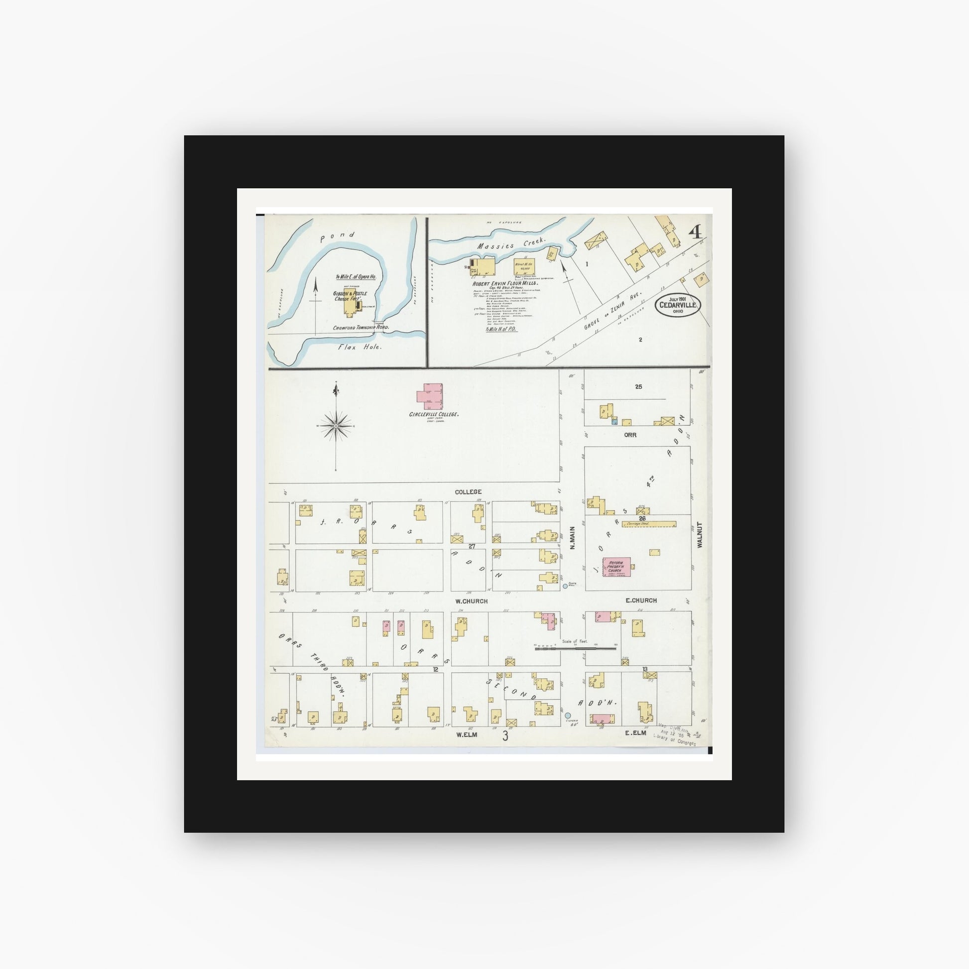 Old map wall art mockup — black gallery frame with white mat — Sanborn Fire Insurance Map from Cedarville, Greene County, Ohio (1901), Sheet #0004