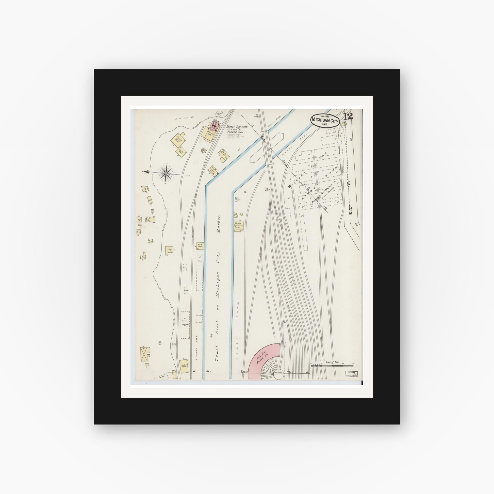 Old map wall art mockup — black gallery frame with white mat — Sanborn Fire Insurance Map from Michigan City, La Porte County, Indiana (1889), Sheet #0012