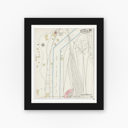 Old map wall art mockup — black gallery frame with white mat — Sanborn Fire Insurance Map from Michigan City, La Porte County, Indiana (1889), Sheet #0012