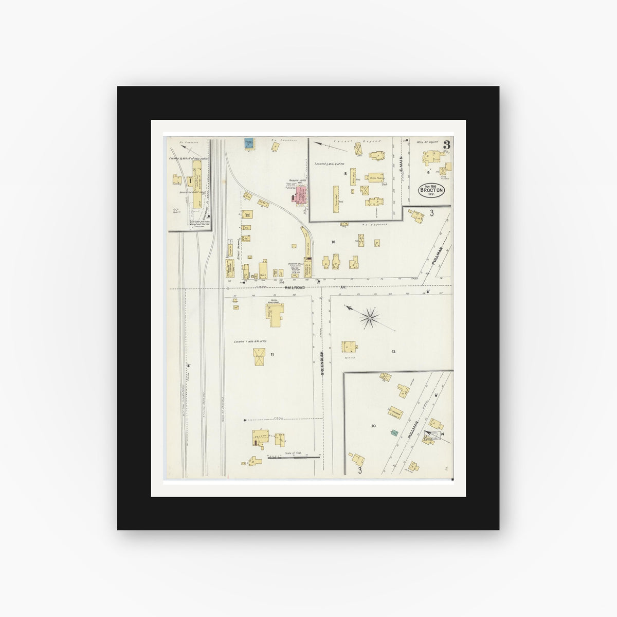 Old map wall art mockup — black gallery frame with white mat — Sanborn Fire Insurance Map from Brocton, Chautauqua County, New York (1906), Sheet #0003