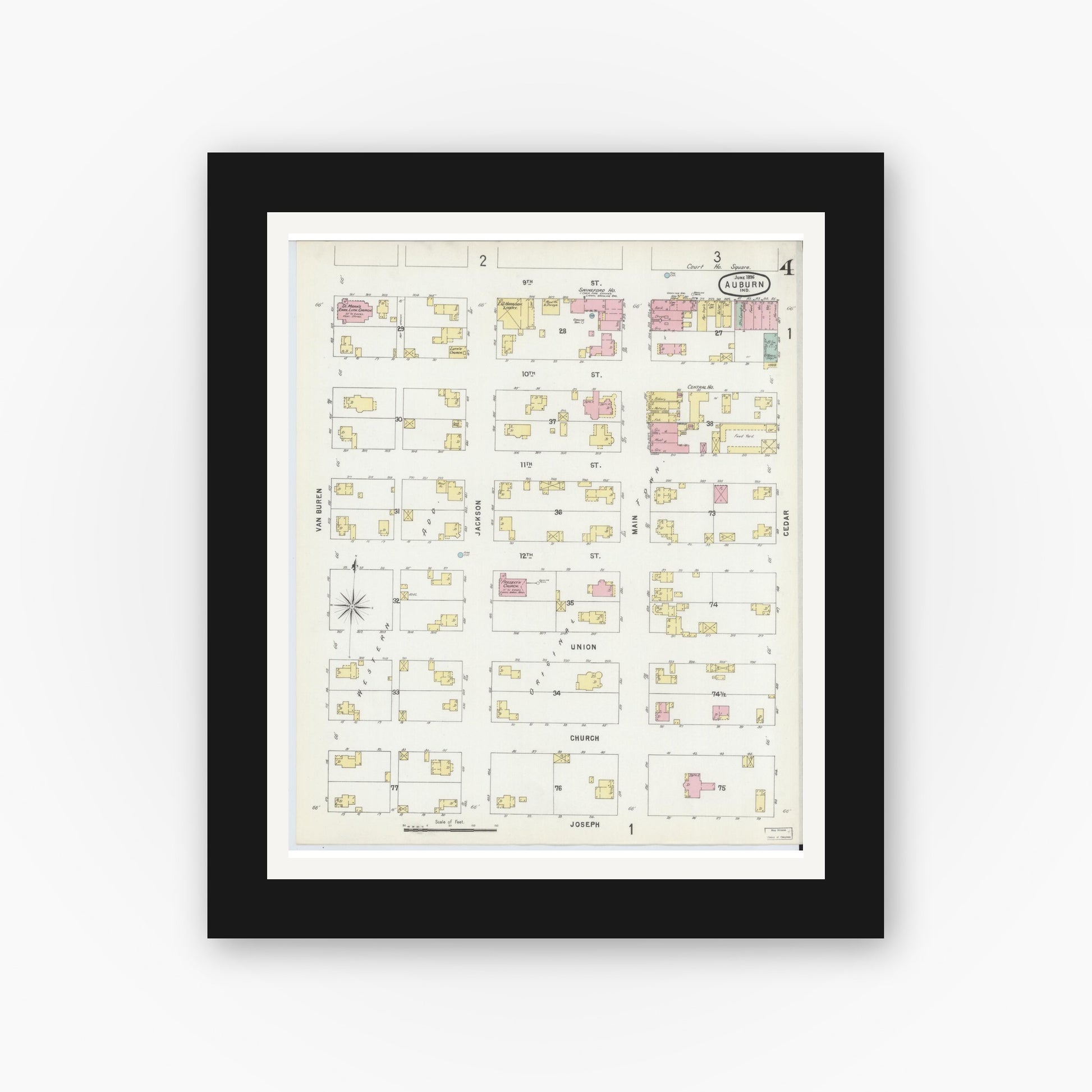 Old map wall art mockup — black gallery frame with white mat — Sanborn Fire Insurance Map from Auburn, De Kalb County, Indiana (1896), Sheet #0004