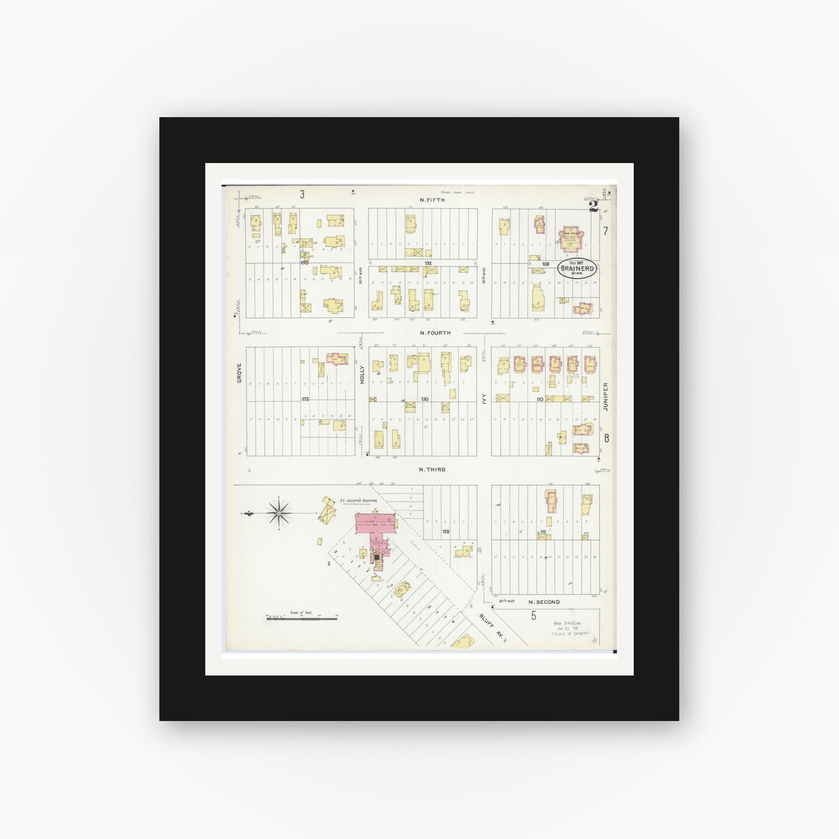 Old map wall art mockup — black gallery frame with white mat — Sanborn Fire Insurance Map from Brainerd, Crow Wing County, Minnesota (1907), Sheet #0002