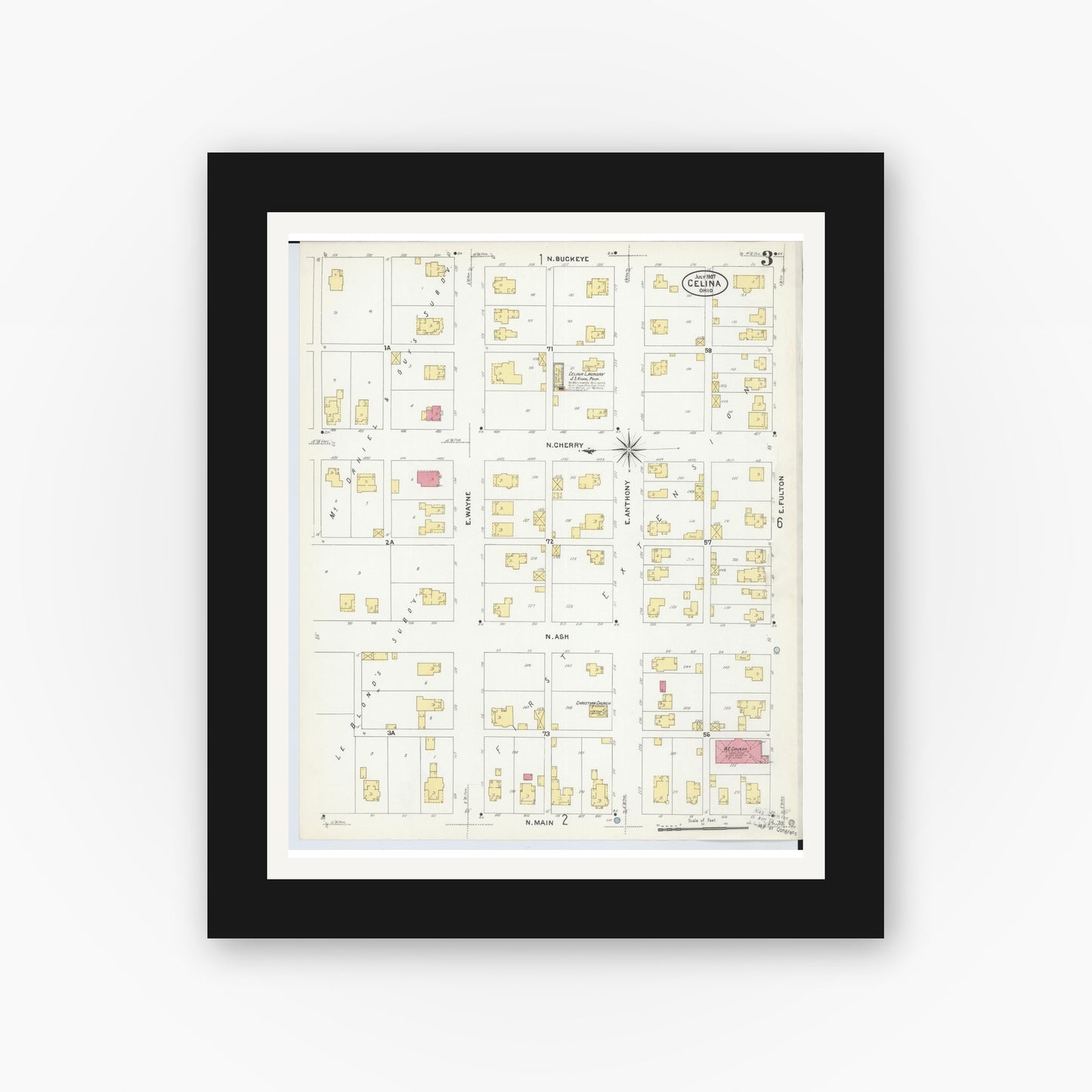 Old map wall art mockup — black gallery frame with white mat — Sanborn Fire Insurance Map from Celina, Mercer County, Ohio (1907), Sheet #0003