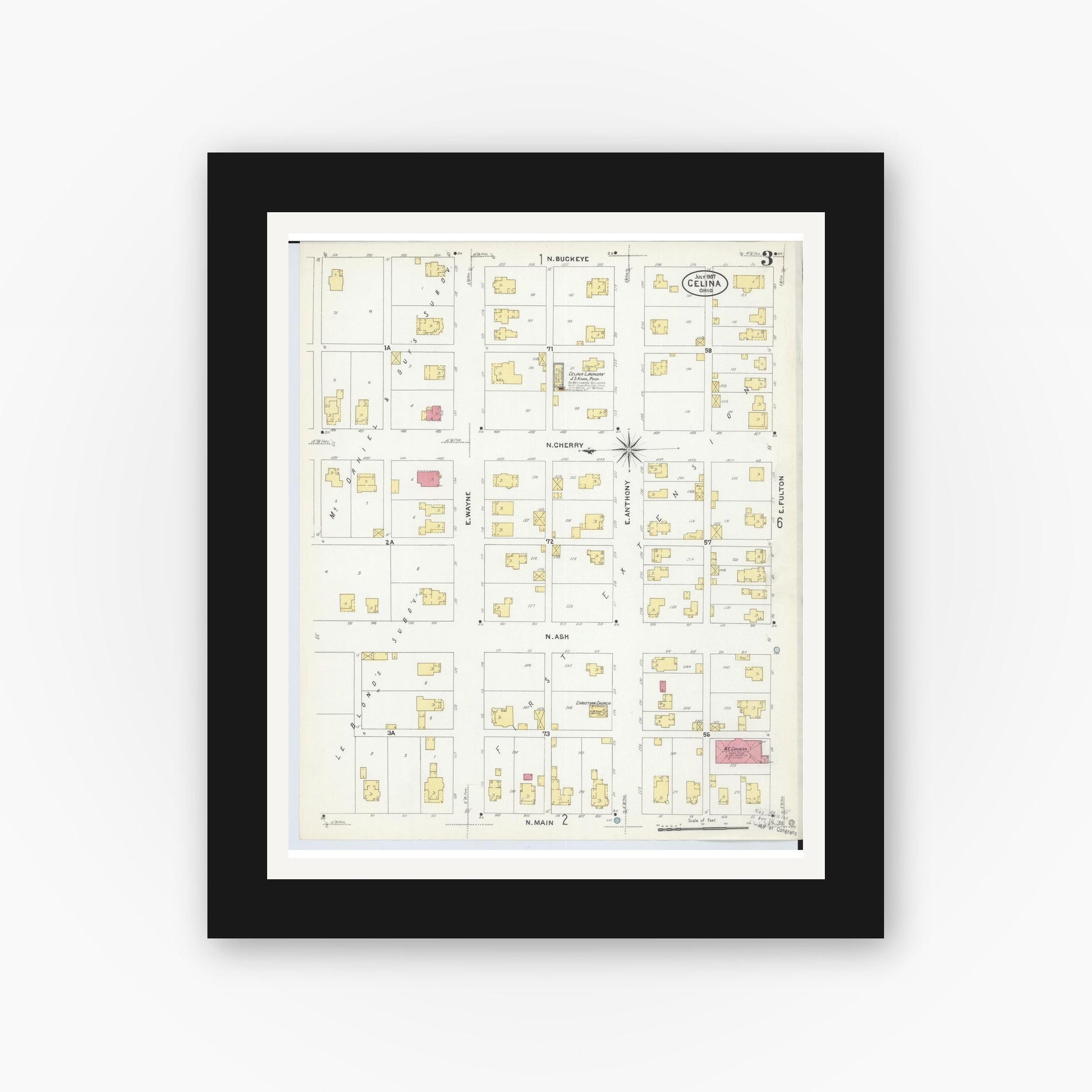 Old map wall art mockup — black gallery frame with white mat — Sanborn Fire Insurance Map from Celina, Mercer County, Ohio (1907), Sheet #0003