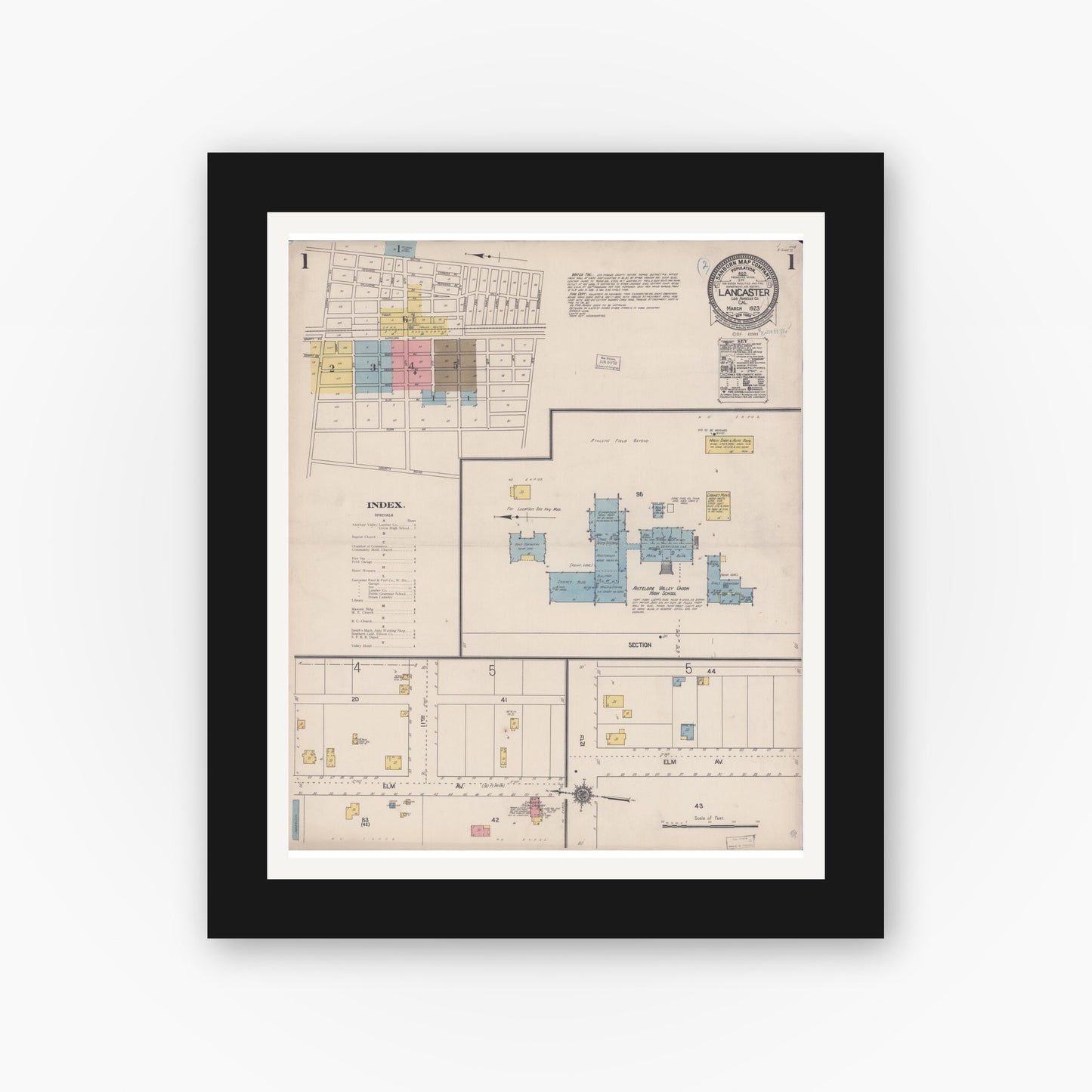 Old map wall art mockup — black gallery frame with white mat — Sanborn Fire Insurance Map from Lancaster, Los Angeles County, California (1923), Sheet #0001