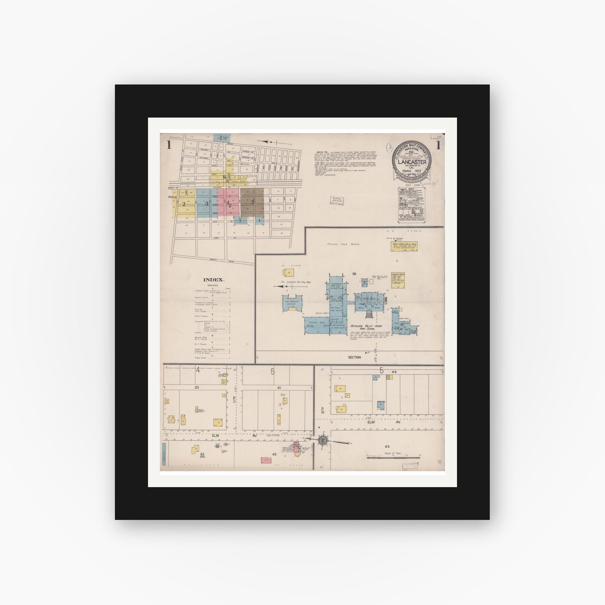 Old map wall art mockup — black gallery frame with white mat — Sanborn Fire Insurance Map from Lancaster, Los Angeles County, California (1923), Sheet #0001
