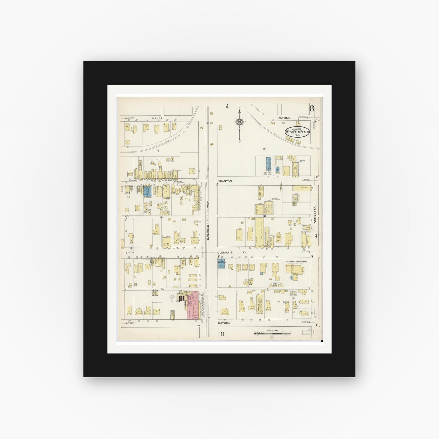 Old map wall art mockup — black gallery frame with white mat — Sanborn Fire Insurance Map from West Palm Beach, Dade County, Florida (1915), Sheet #0008