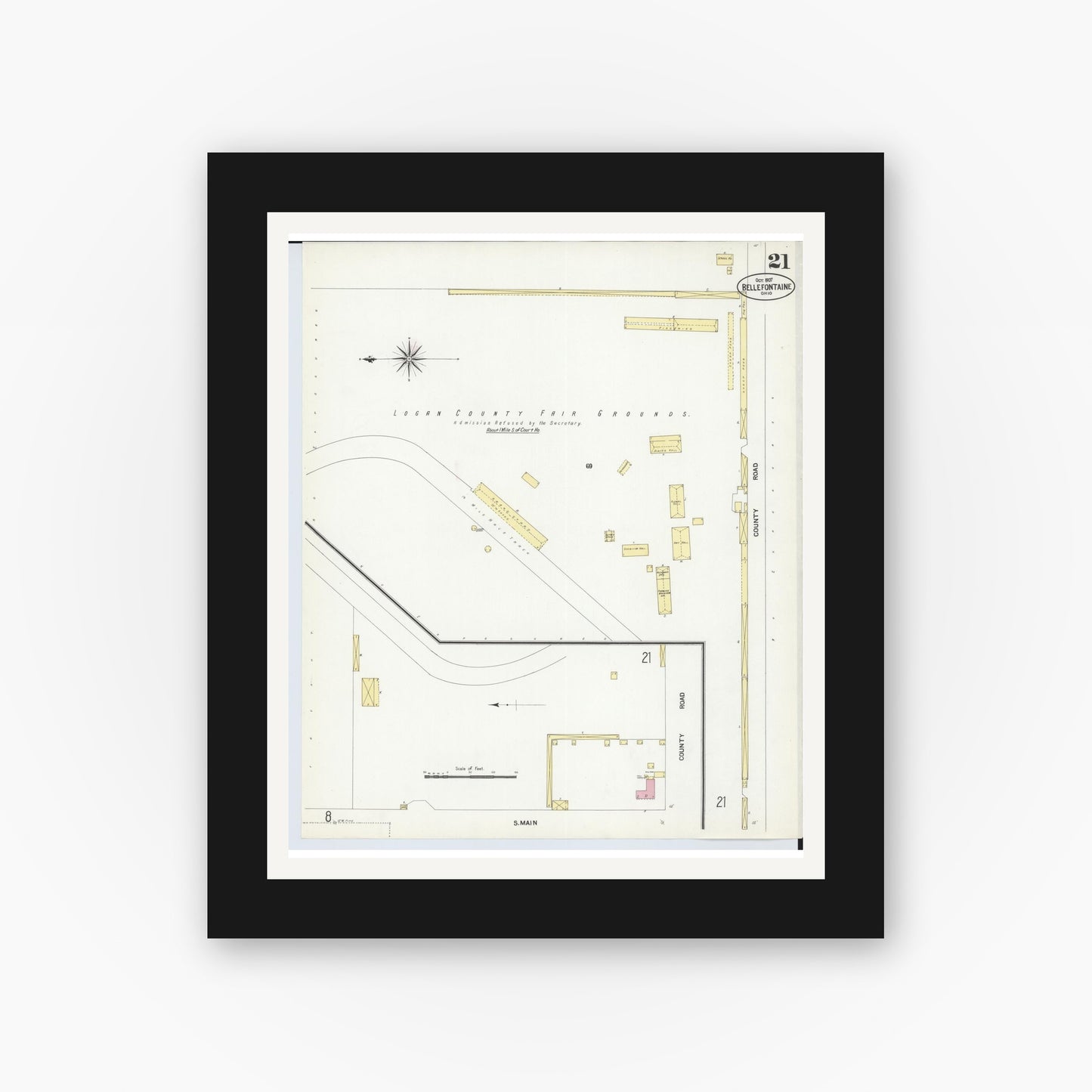 Old map wall art mockup — black gallery frame with white mat — Sanborn Fire Insurance Map from Bellefontaine, Logan County, Ohio (1907), Sheet #0021