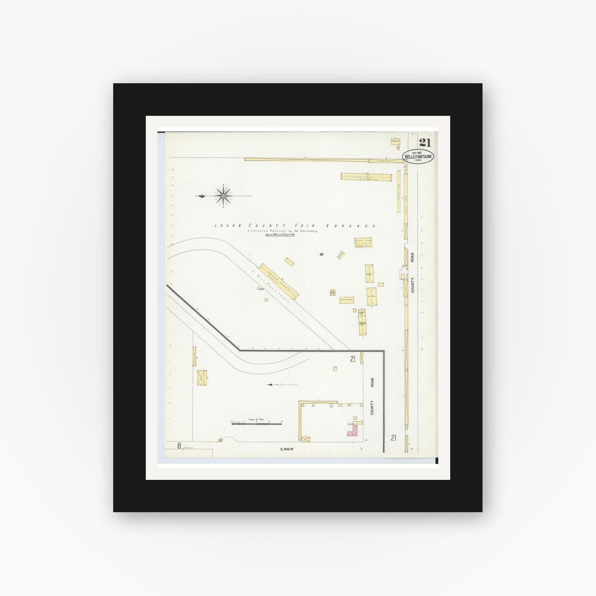 Old map wall art mockup — black gallery frame with white mat — Sanborn Fire Insurance Map from Bellefontaine, Logan County, Ohio (1907), Sheet #0021