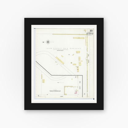 Old map wall art mockup — black gallery frame with white mat — Sanborn Fire Insurance Map from Bellefontaine, Logan County, Ohio (1907), Sheet #0021