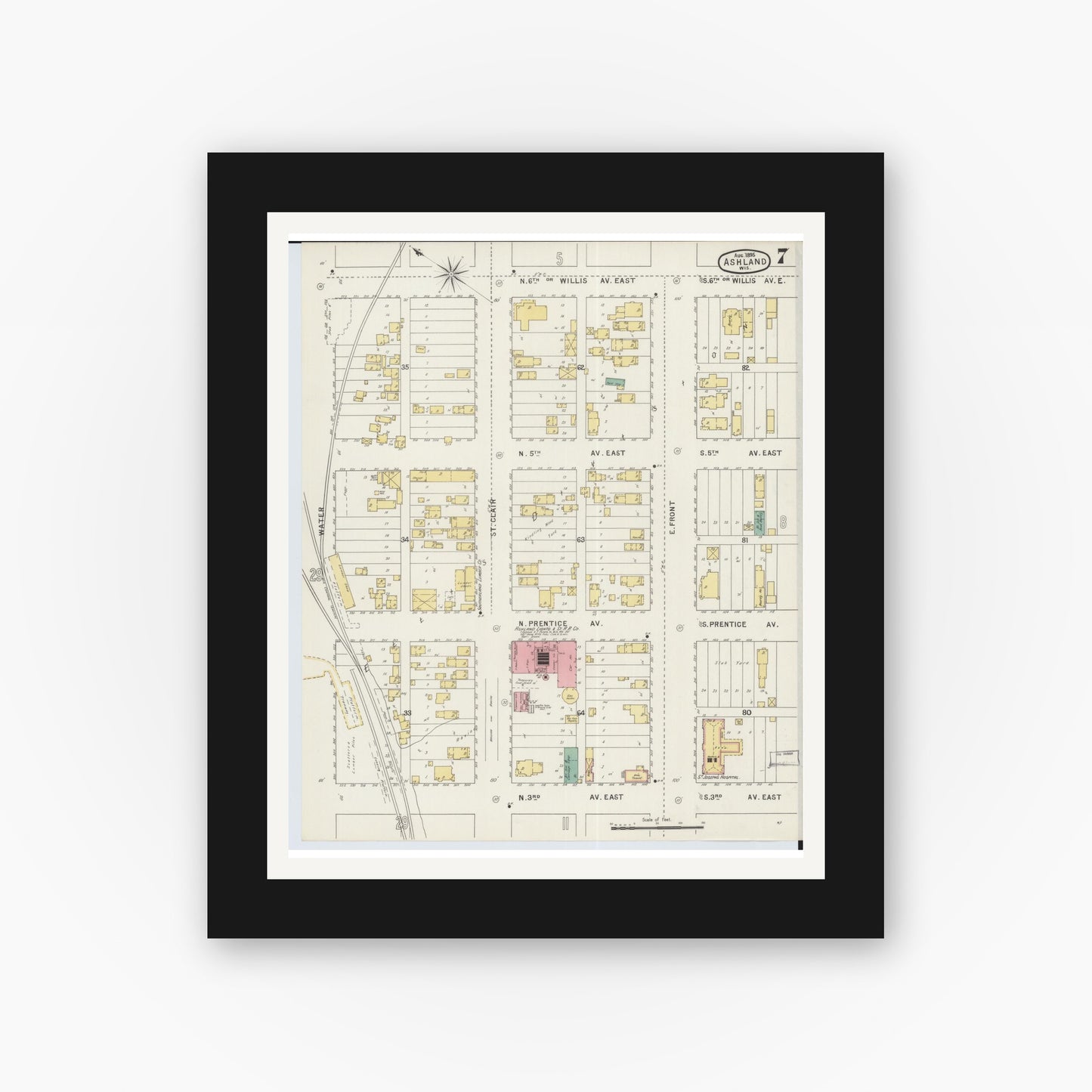 Old map wall art mockup — black gallery frame with white mat — Sanborn Fire Insurance Map from Ashland, Ashland County, Wisconsin (1895), Sheet #0007