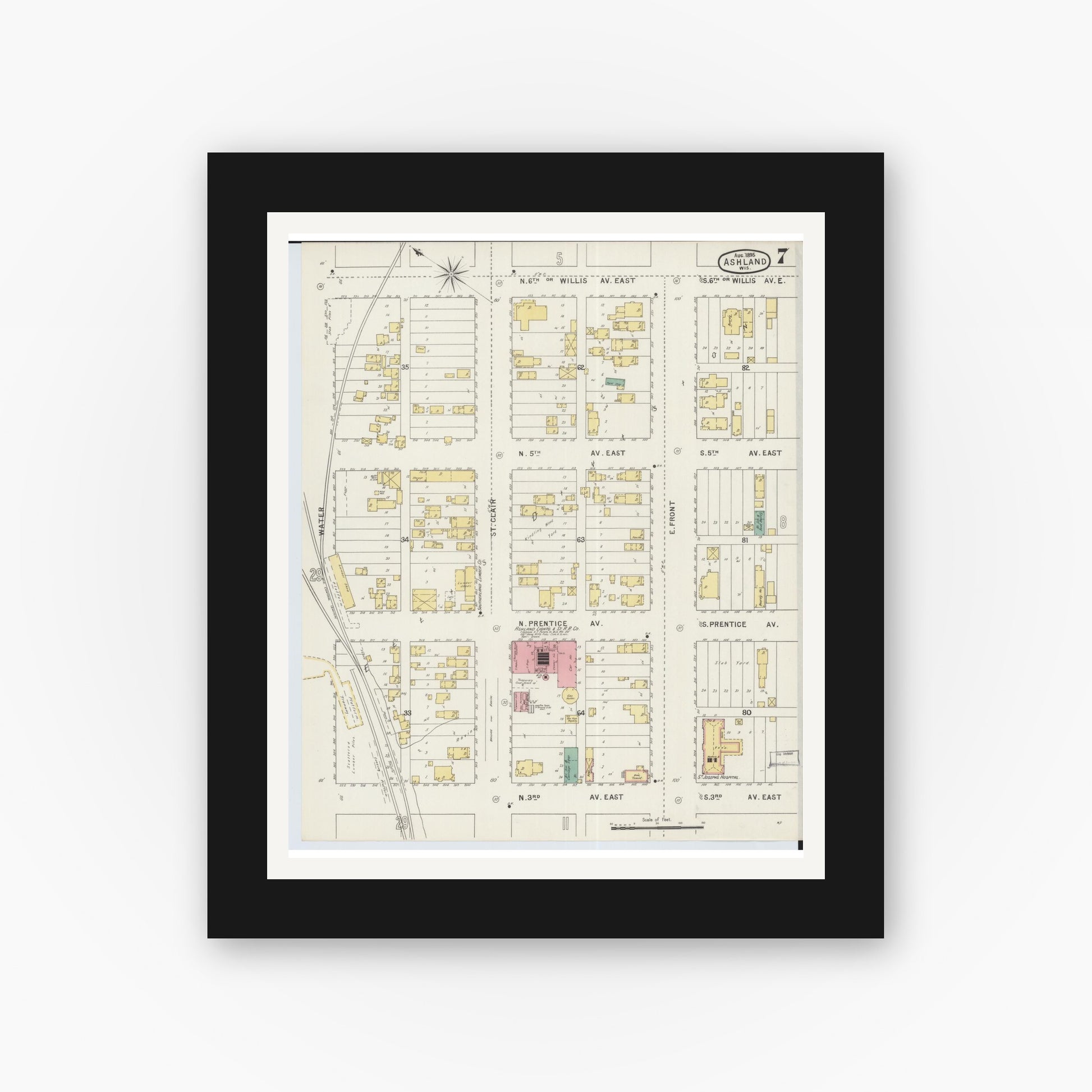 Old map wall art mockup — black gallery frame with white mat — Sanborn Fire Insurance Map from Ashland, Ashland County, Wisconsin (1895), Sheet #0007