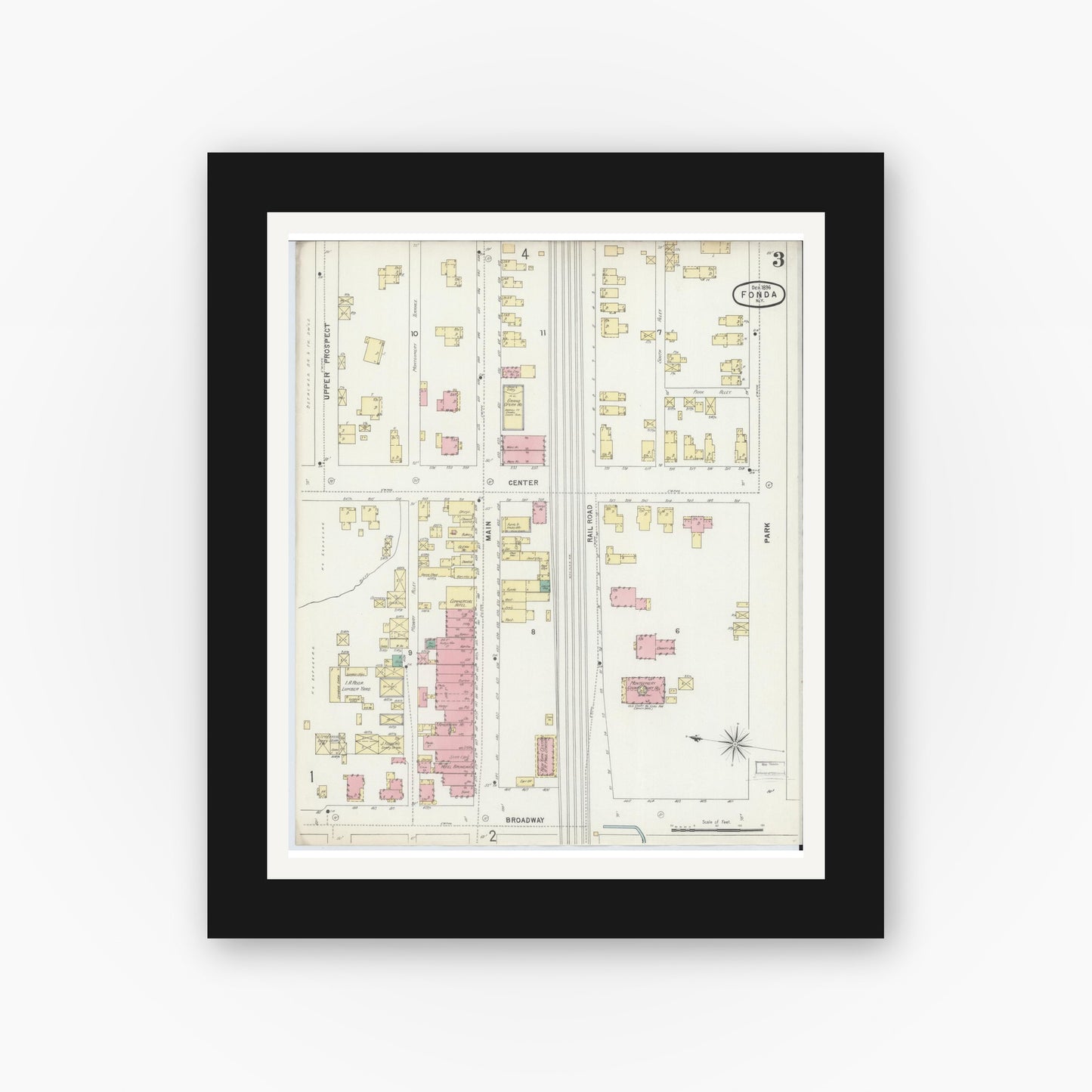 Old map wall art mockup — black gallery frame with white mat — Sanborn Fire Insurance Map from Fonda, Montgomery County, New York (1896), Sheet #0003