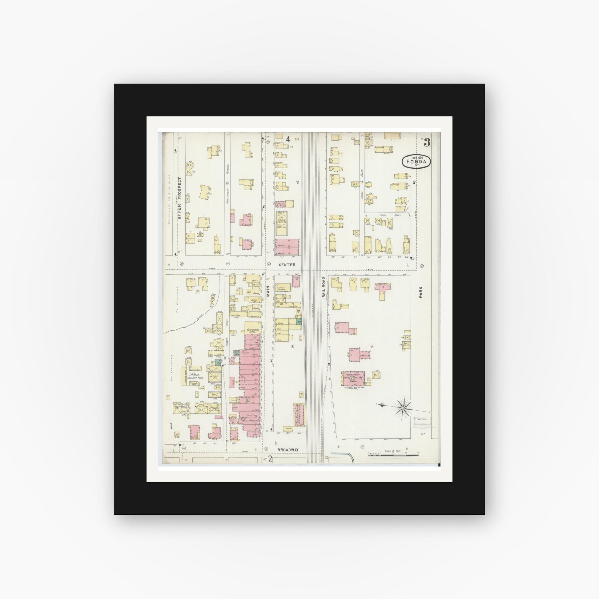 Old map wall art mockup — black gallery frame with white mat — Sanborn Fire Insurance Map from Fonda, Montgomery County, New York (1896), Sheet #0003